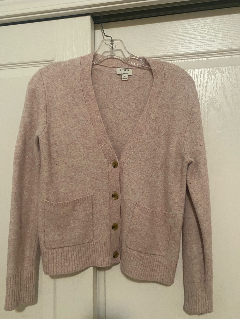 Cozy pink heather J. Crew cardigan for fall.